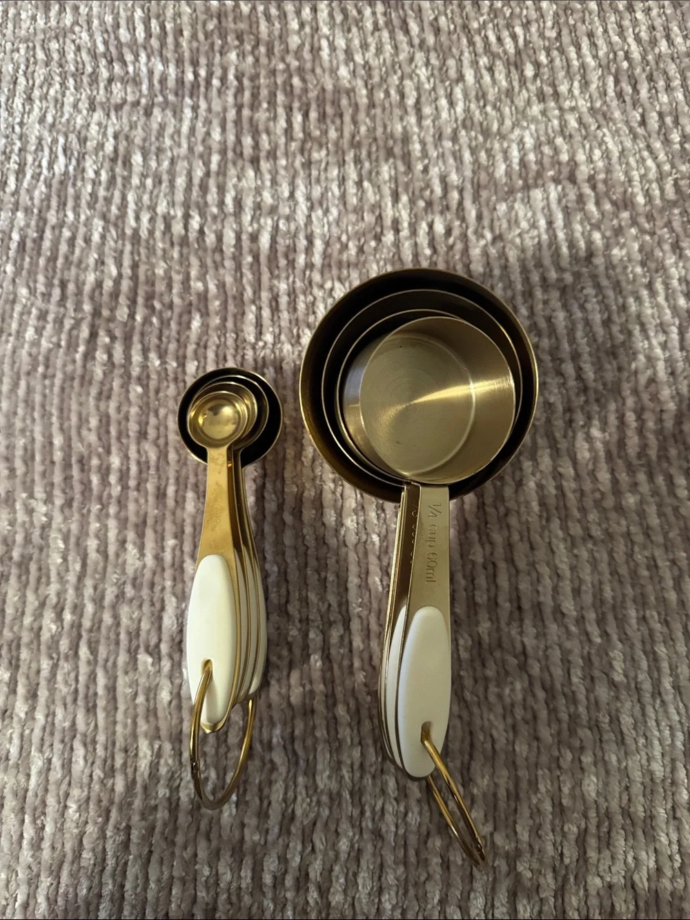 Gold Measuring Cup and Spoon Set with White Handles
